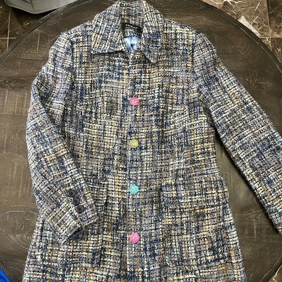 Tribal Jackets & Blazers - TRIBAL Size 6 Tweed‎ Tan/Blue/Navy Wool Blend Coat Stylish Modern Women